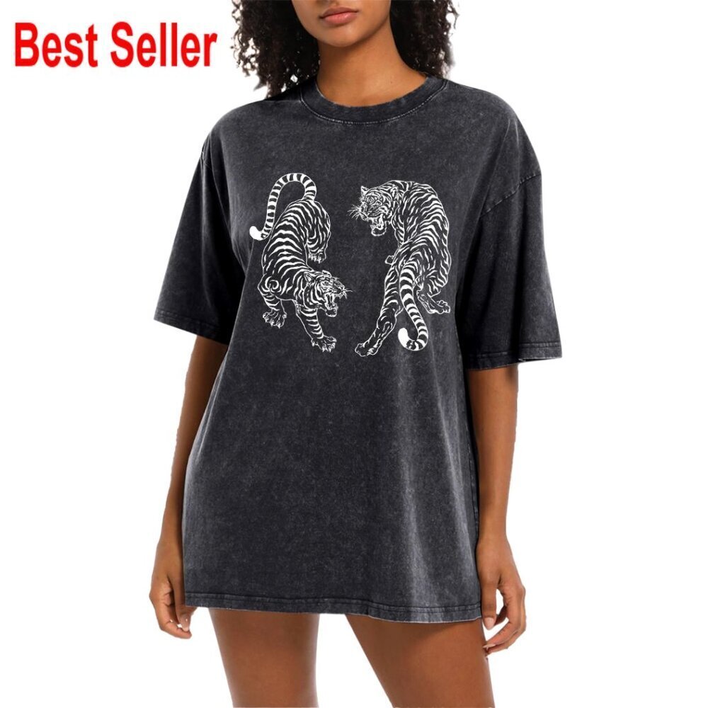 Oversized Cotton Tiger Graphic Tee, Acid Wash Streetwear T-Shirt for Women